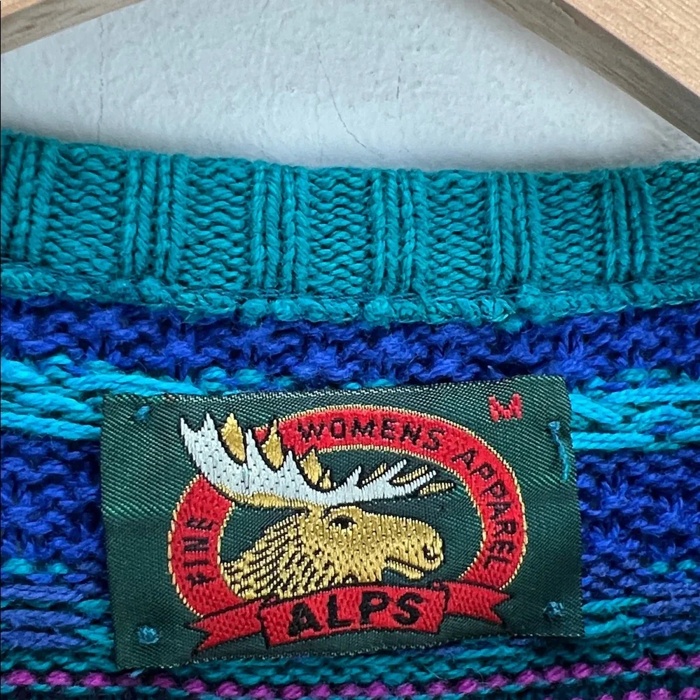 Vintage Alps Multicolor Knit Patterned Sweater Crew Neck Womens Medium Retro - Picture 2 of 8